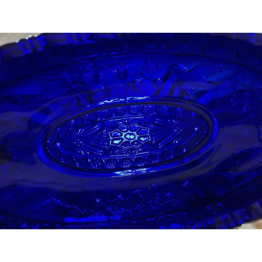 Vintage Tiara Glass Cobalt Blue Bird Berries Dish